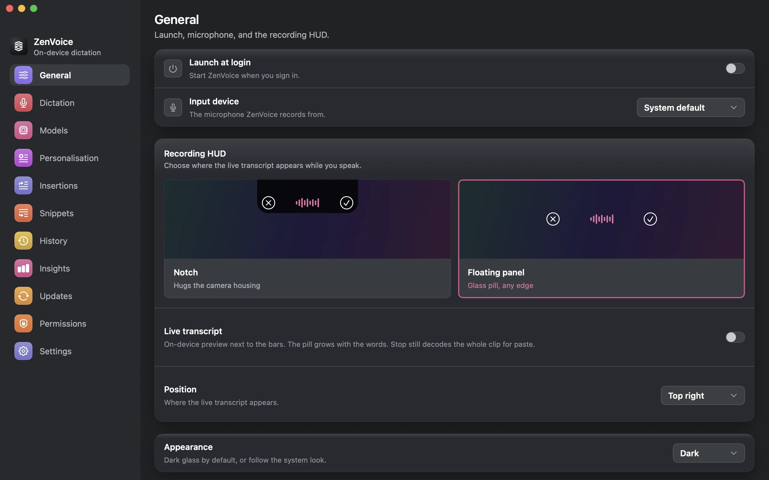 ZenVoice settings: the Recording HUD picker with Notch and Floating panel styles